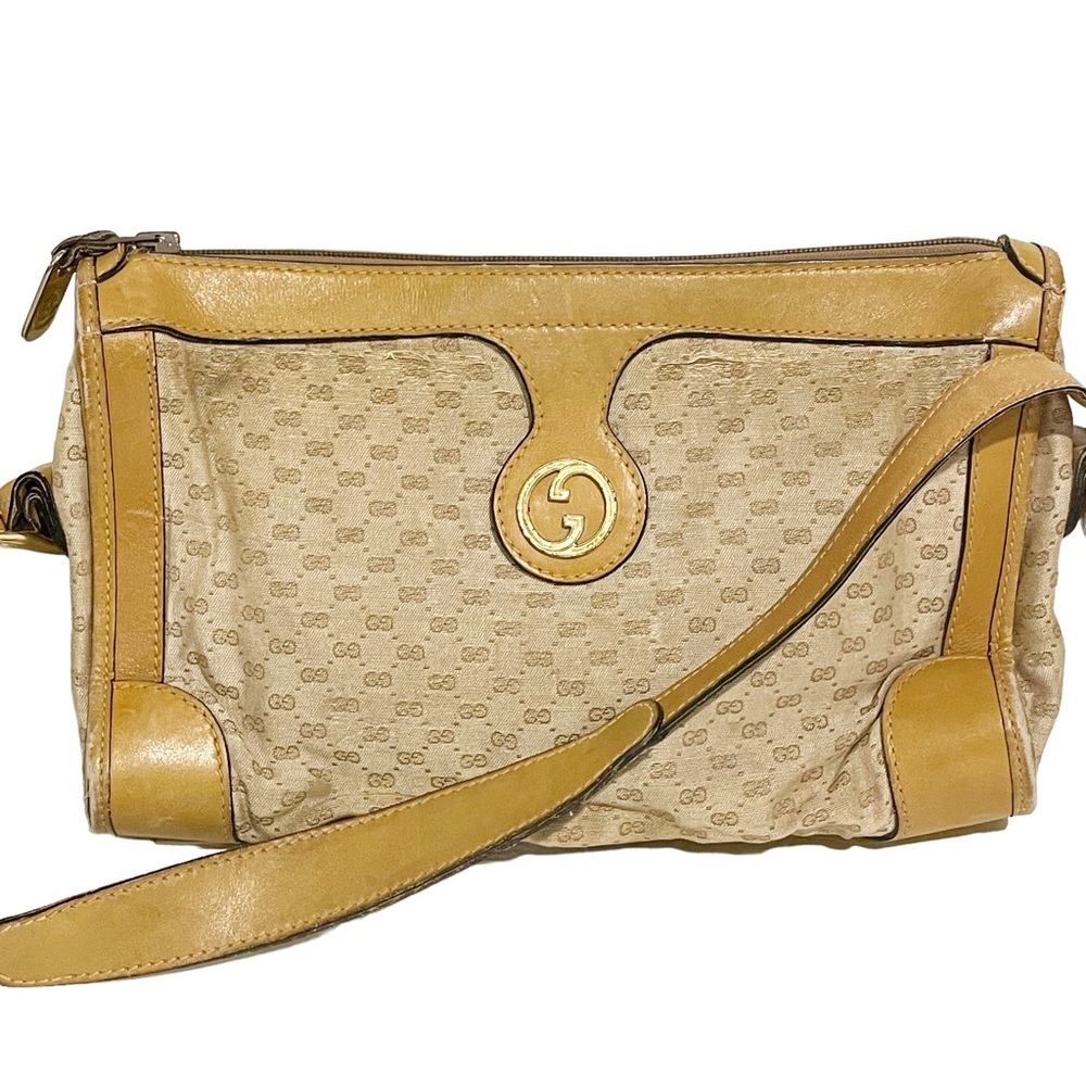 Gucci‎ Vintage GG Fabric Leather Trim Gold Hardware Shoulder Bag Pocketbook